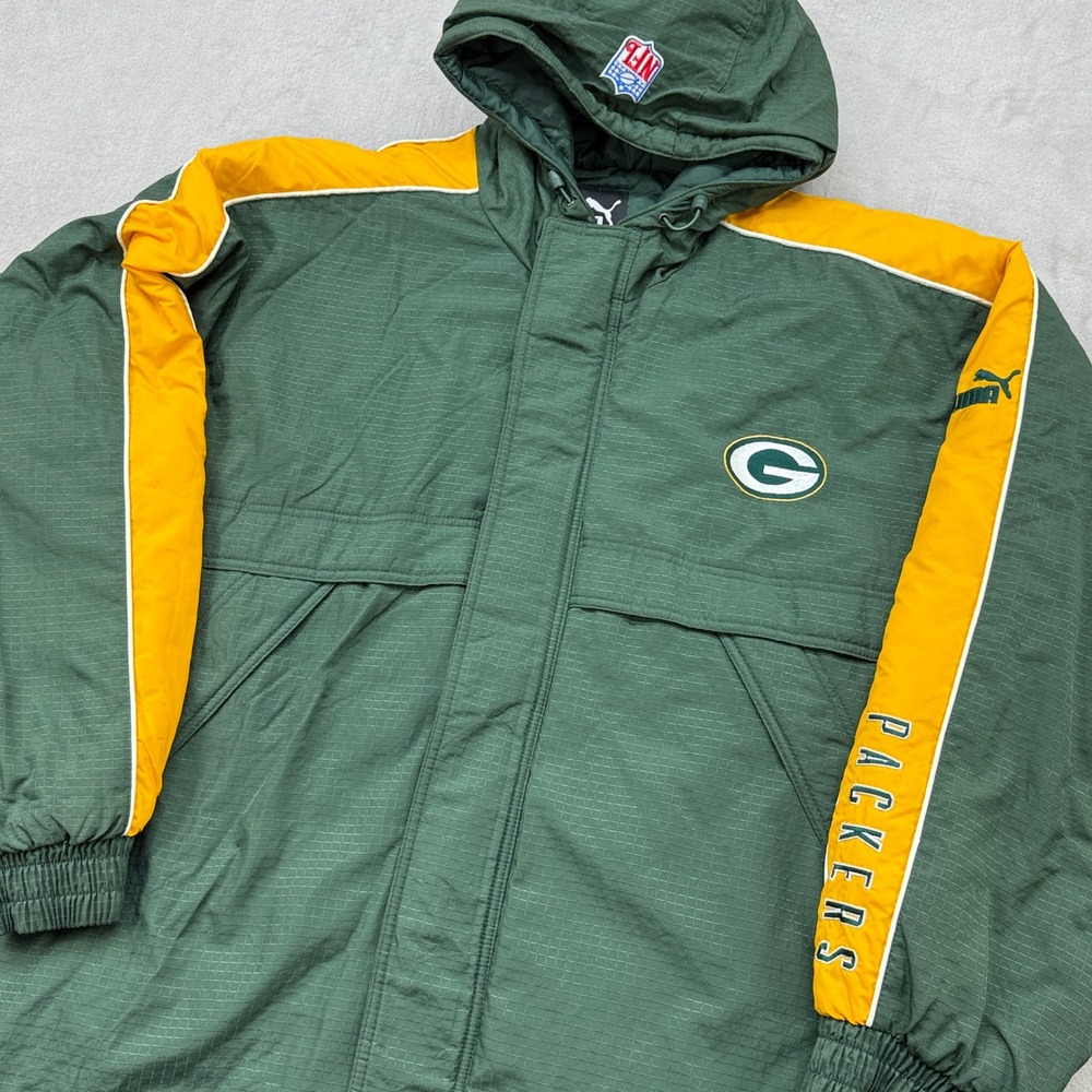 Vintage Green Bay Packers Jacket Mens 2XL Green Yellow Puma NFL Hooded Parka
